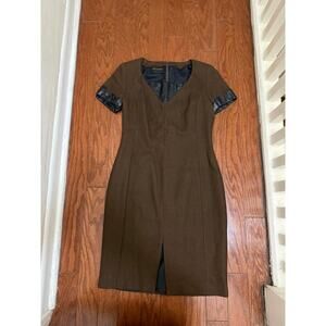 SANTANDREA italy brown shimmer wool dress with leather scallop detail size small